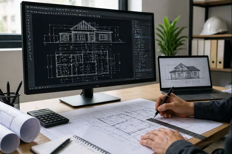 Permit expeditor reviewing residential construction drawings on a computer and printed plan set at a desk.