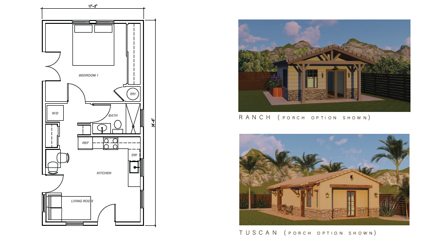 Florida ADU floor plan with one-bedroom layout and exterior elevation renderings for ranch and Tuscan accessory dwelling unit designs compliant with Florida SB 943.