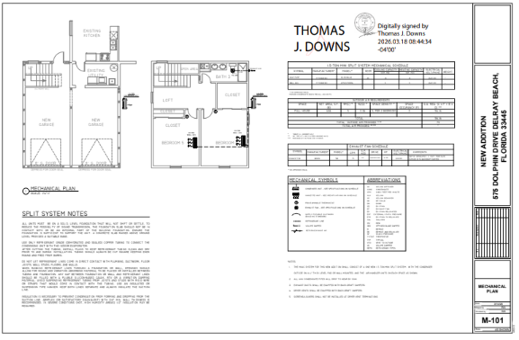 Mechanical plan sheet from a full Florida permit drawing set showing HVAC layout, split system notes, construction details, project information, and engineer approval.