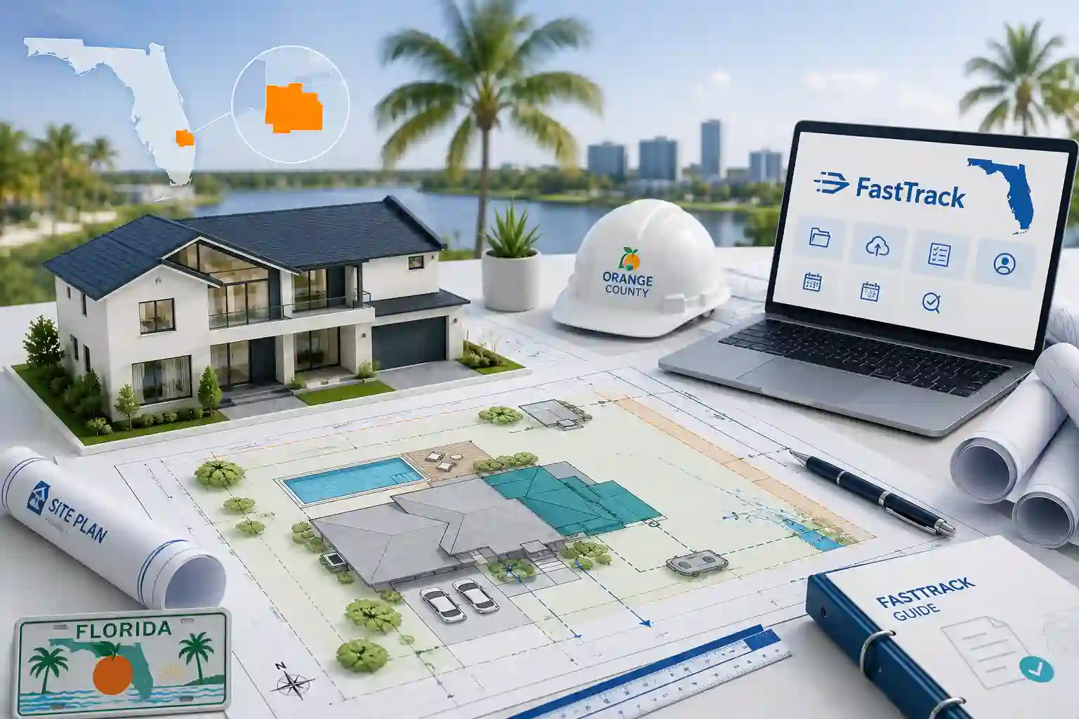 Orange County Florida permit site plan with FastTrack online portal, residential home blueprint, construction plans, and permitting guide.