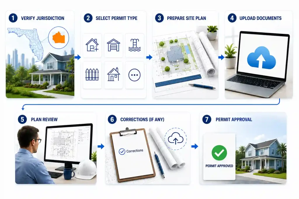 Step-by-step FastTrack site plan submission process showing jurisdiction verification, site plan preparation, document upload, plan review, corrections, and permit approval.