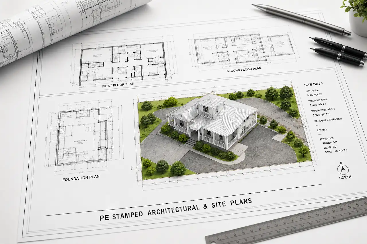 Professional PE stamped architectural and site plan with detailed floor plans, foundation layout, and residential property rendering.