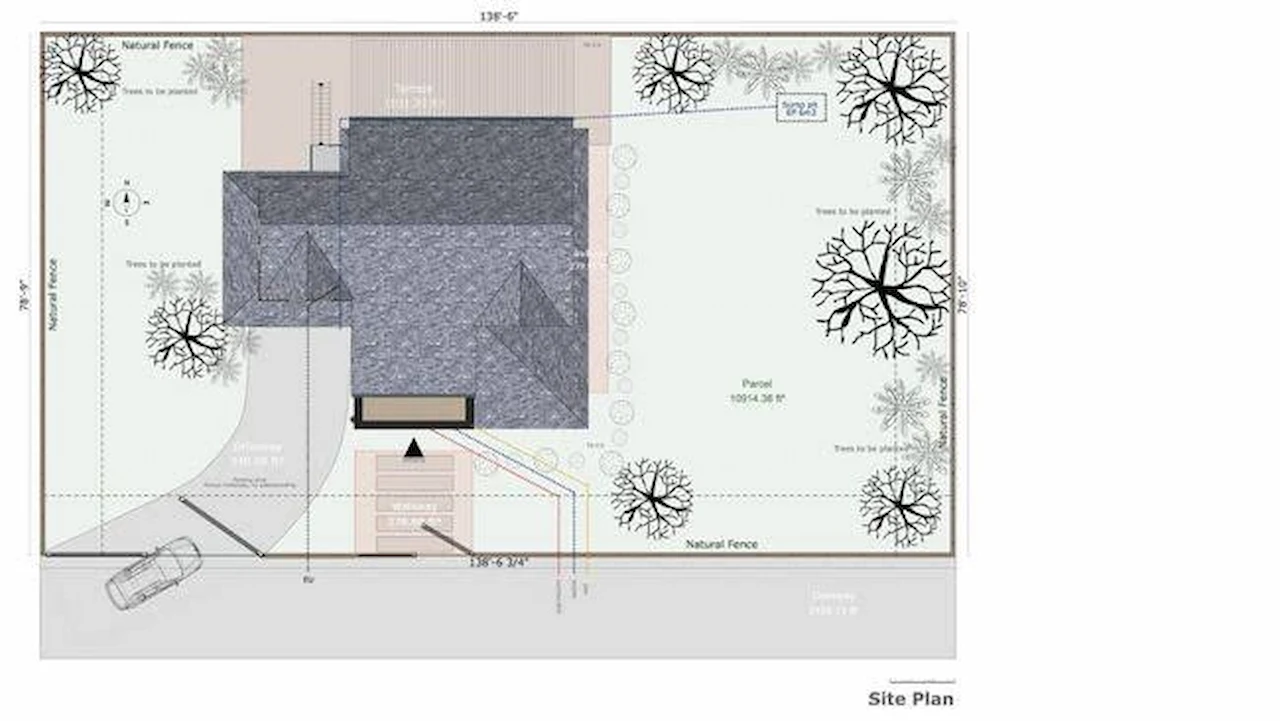 Architectural site plan illustrating lot dimensions, proposed residence, driveway, and landscape features for construction permits.