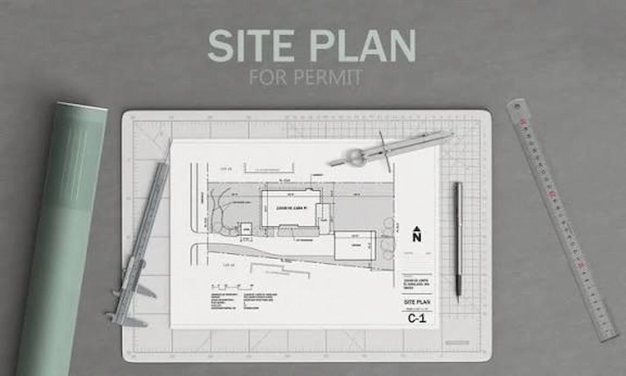 Professional site plan for a permit featuring architectural drawings, drafting tools, blueprint layout, and engineering workspace.