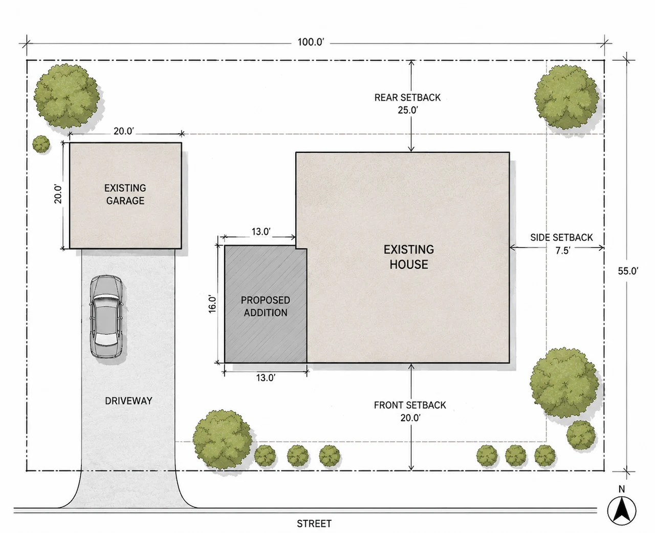 Residential site plan showing an existing house, proposed addition, garage, driveway, property boundaries, and setback lines for permit approval.