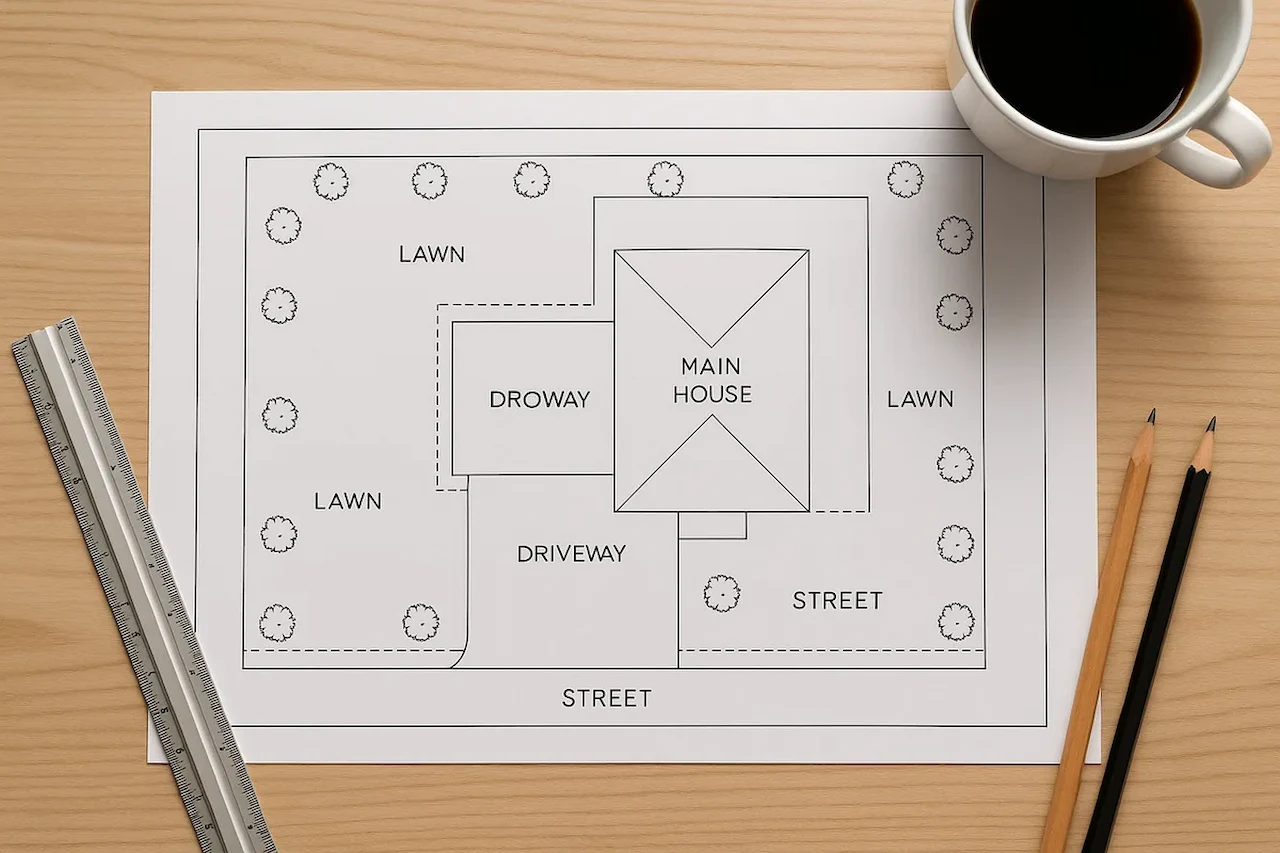 Residential site plan on a drafting table showing the house layout, driveway, lawn areas, and property boundaries for permit planning.