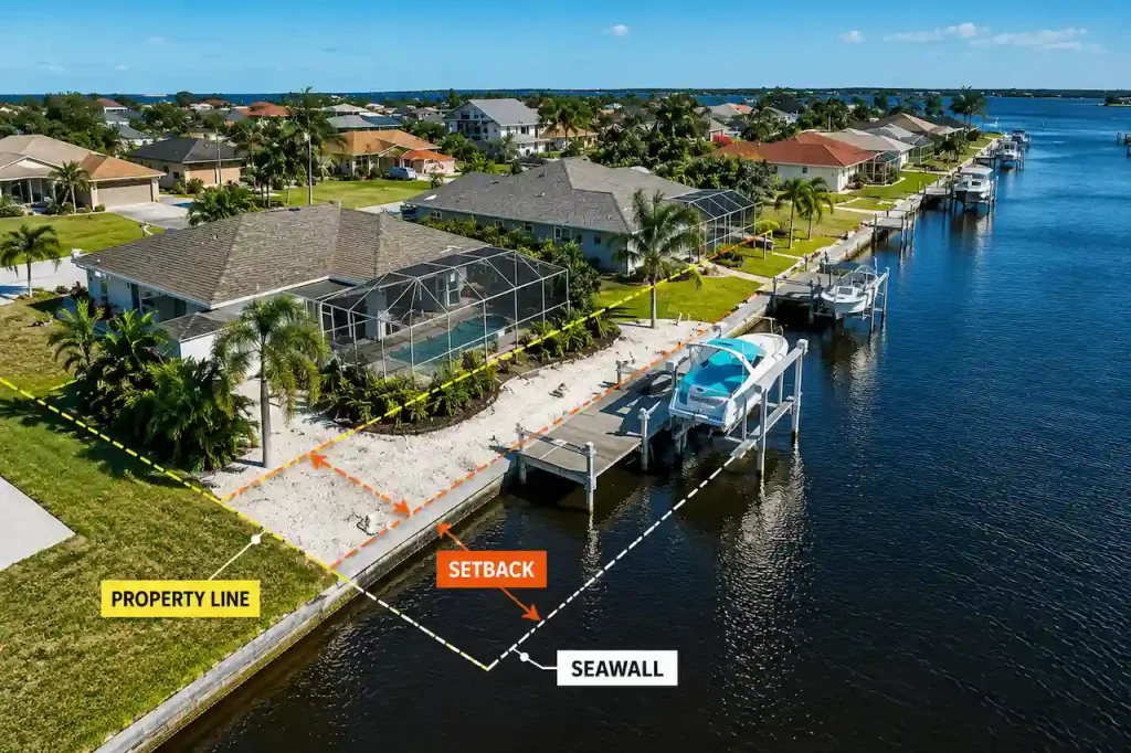Cape Coral canal-front property showing the property line, seawall, and setback boundaries for accurate site plan and permit measurements.