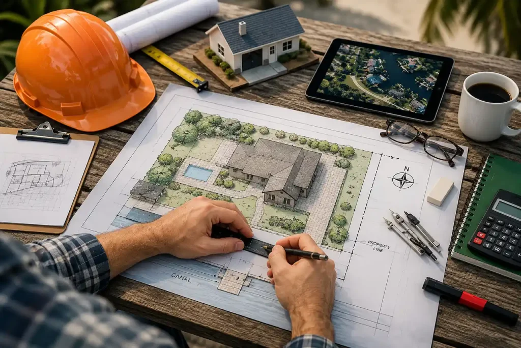 Professional site plan preparation for a Naples permit, showing a residential property layout with surveying tools, property boundaries, and canal-front planning details.