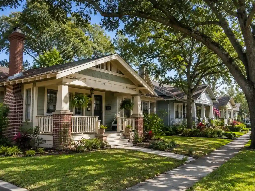 Historic bungalow homes in a St. Petersburg historic district lined with mature oak trees, showcasing traditional residential architecture and neighborhood character.