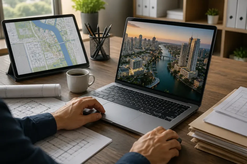 Architect reviewing a digital property map and site plans on a computer while preparing a building permit application for a Fort Lauderdale property.