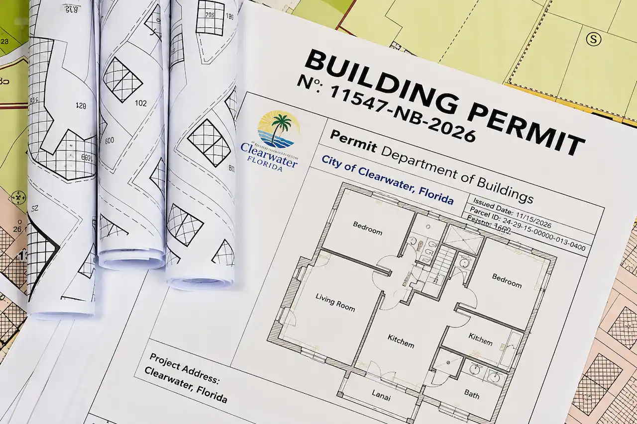 Building permit application with residential floor plans and site documents prepared for permit approval in Clearwater, Florida.