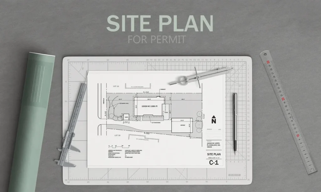 "Residential site plan for a permit in West Palm Beach with architectural blueprint and drafting tools."