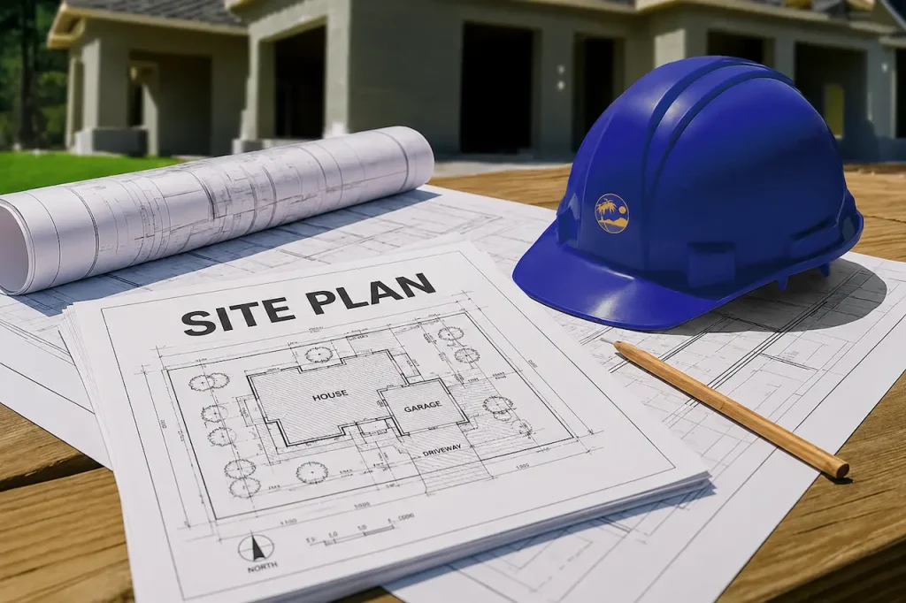 Site plan document with architectural drawings, rolled blueprints, a blue construction hard hat, and a pencil on a table in front of a house under construction