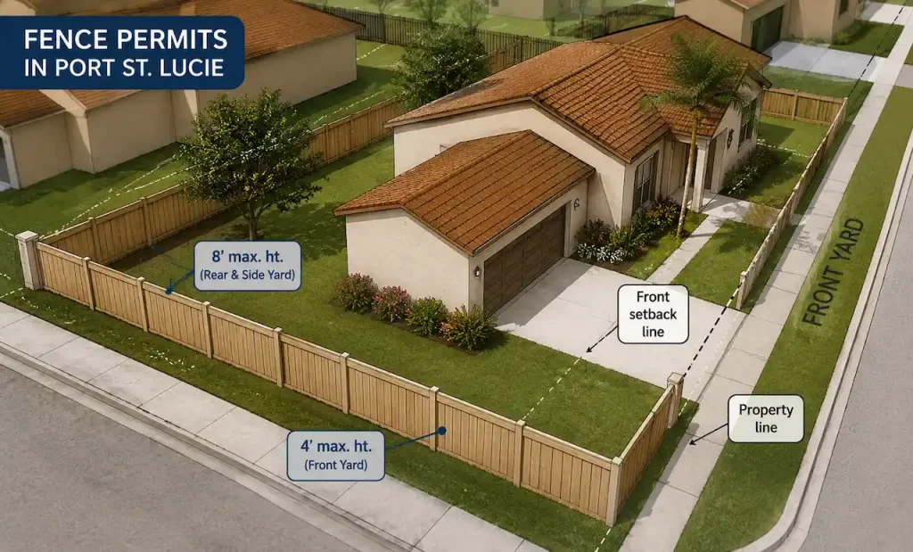 Residential property in Port St. Lucie showing fence permit requirements with front and rear yard fence height limits, property lines, and setback lines.