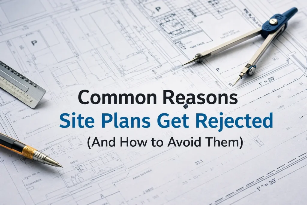 Architectural blueprint with drafting tools illustrating common reasons site plans are rejected during the permit approval process.