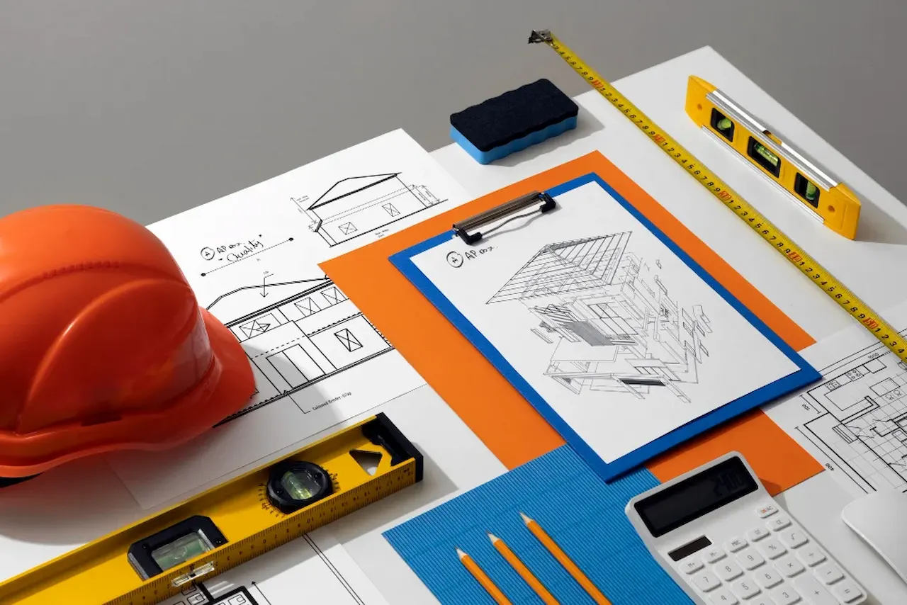Construction plans with a hard hat, measuring tools, calculator, and blueprints representing site planning and permit preparation.