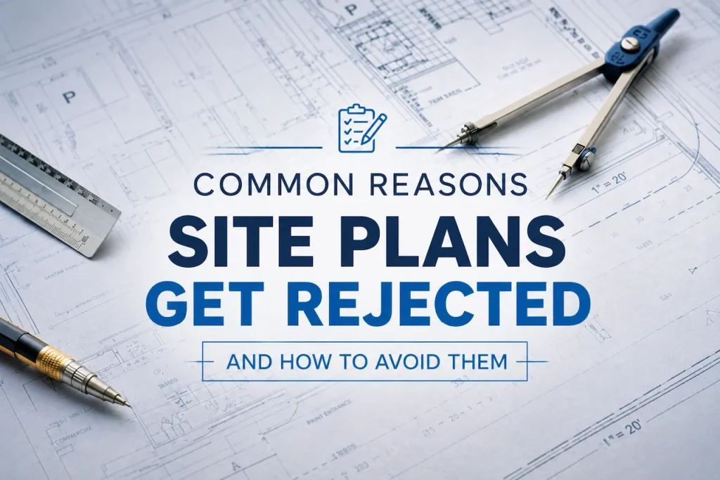 Architectural blueprint with drafting tools illustrating common reasons site plans are rejected during the permit approval process.