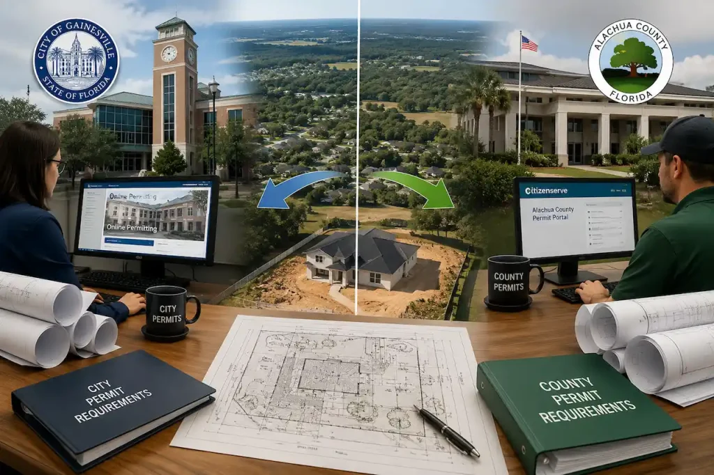 Split view of city and county permit offices with a residential site plan, illustrating different permitting systems and jurisdictions.