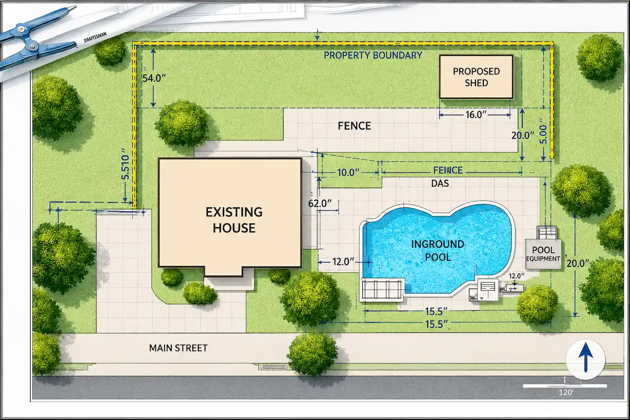 Permit-ready residential site plan showing a house, pool, proposed shed, fencing, and property dimensions.