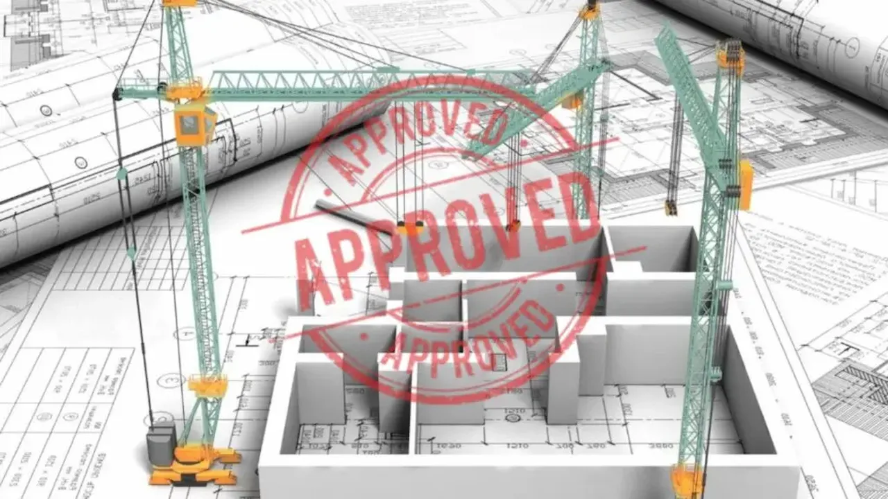 Approved construction site plan with blueprints, 3D building model, cranes, and red permit approval stamp.