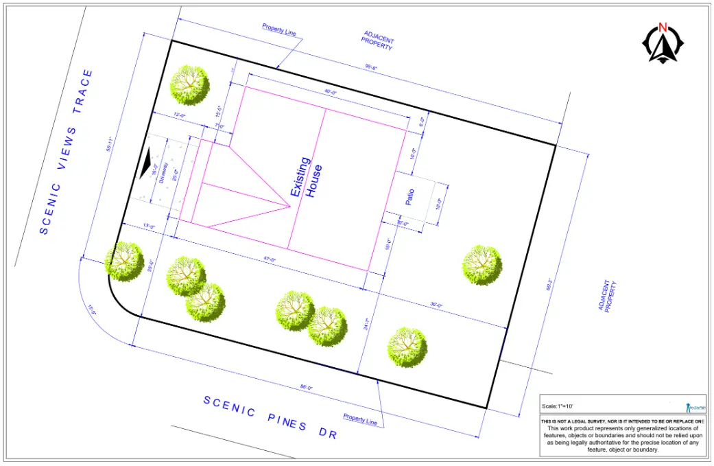 Residential site plan showing an existing house, patio, driveway, property lines, dimensions, trees, adjacent properties, Scenic Pines Drive, and a north arrow.