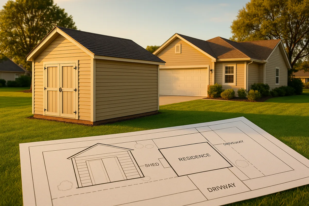Backyard shed beside a suburban home, with a residential site plan drawing in the foreground showing the shed, residence, and driveway.