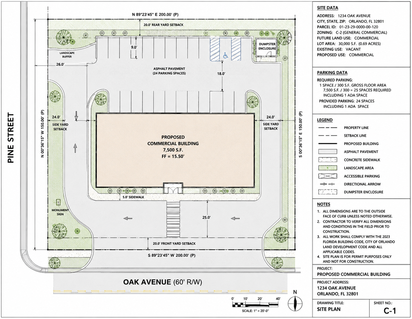 Commercial site plan prepared for permit application showing building, parking and site layout