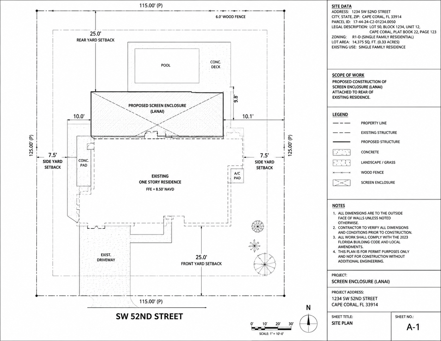Pool and screen enclosure site plan