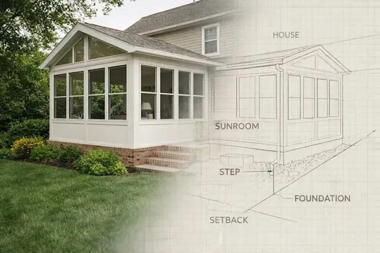 Sunroom addition attached to a house with site plan overlay showing setback, foundation, and steps