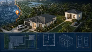 Tampa detached ADU site plan showing backyard guest house, property setbacks, parking, utilities, and city jurisdiction boundary.