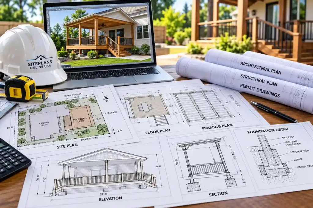 Complete deck permit drawing package showing site plan, architectural layout, structural framing, foundation details, construction drawings, and permit documentation.