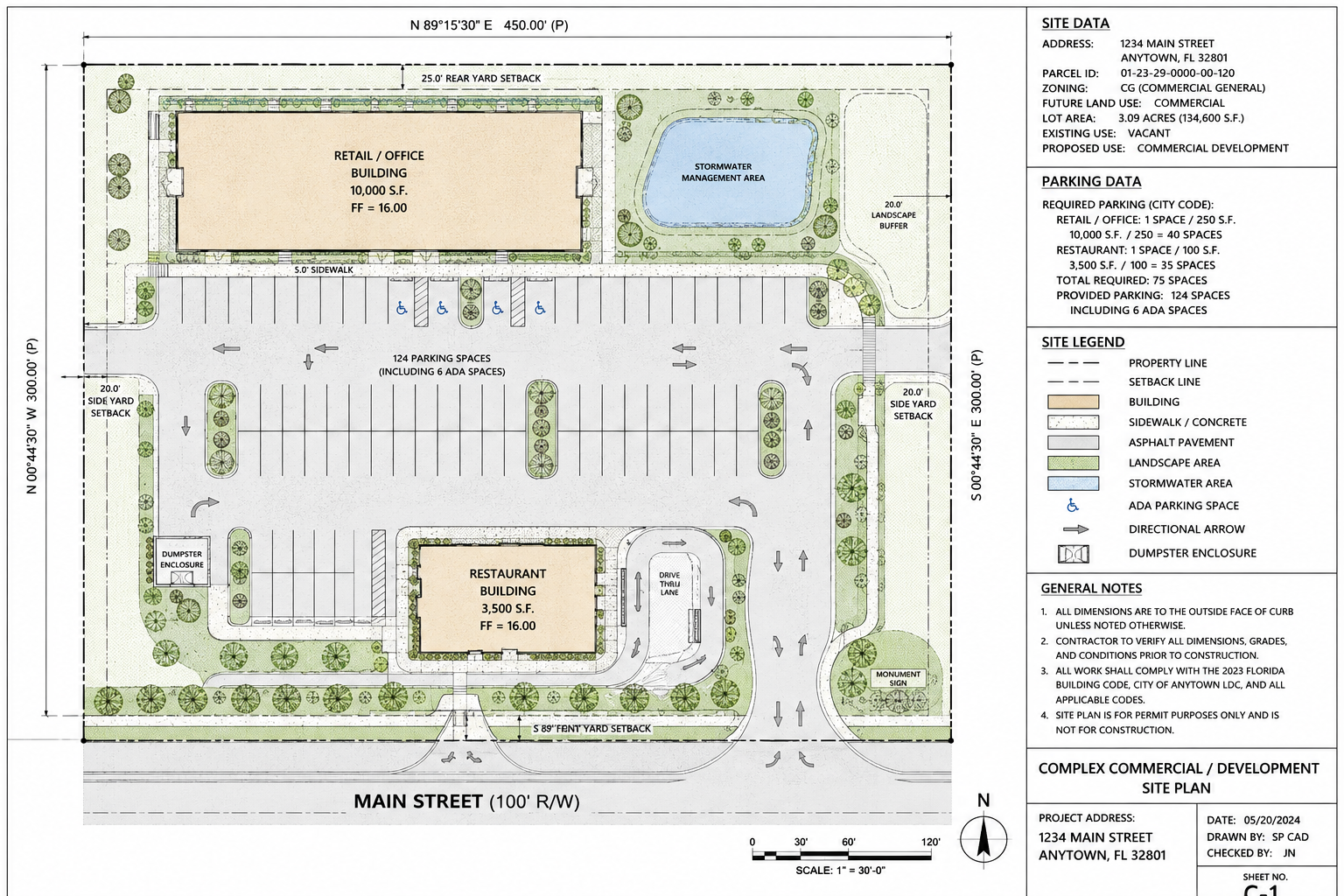Detailed commercial development site plan with parking, buildings and site infrastructure