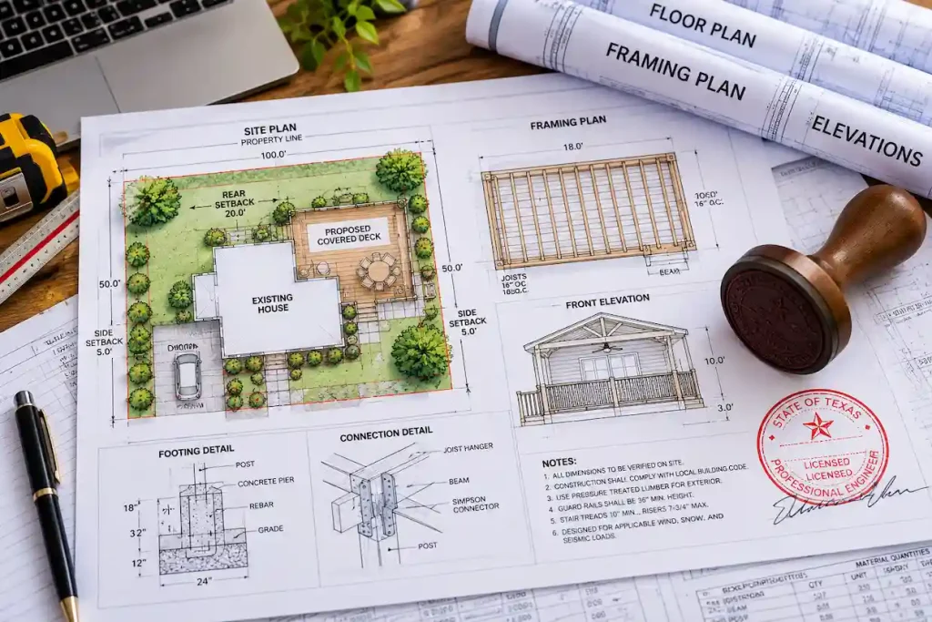 Designer reviewing deck and covered porch construction drawings for a residential permit