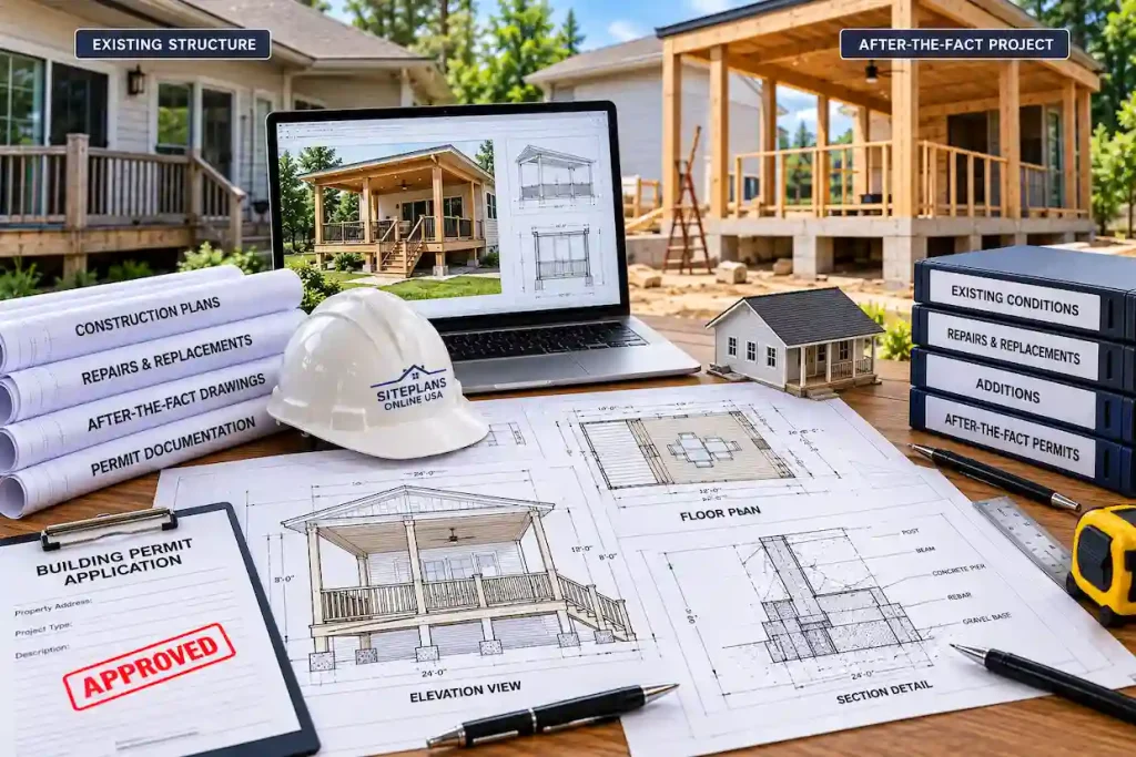Existing and after-the-fact deck project documentation showing construction drawings, existing conditions, repairs, additions, elevations, foundation details, and permit approval documents.