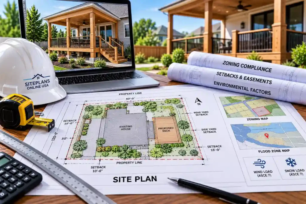 Residential deck site plan showing property lines, setbacks, zoning requirements, easements, flood considerations, and environmental design factors.