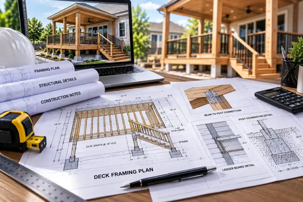 Detailed deck framing and foundation drawings showing structural connections, support posts, stairs, railings, and construction details for a residential deck.