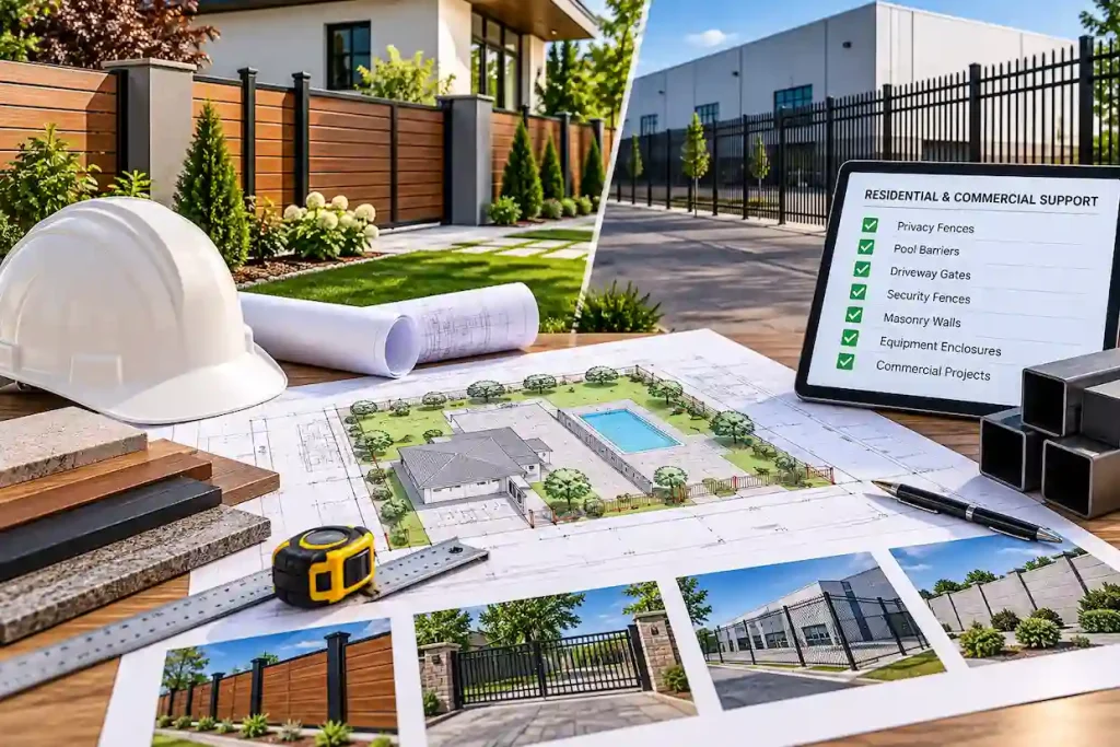 Residential and commercial fence planning showing a private backyard fence, commercial security fencing, gates, construction materials, and detailed site plans.