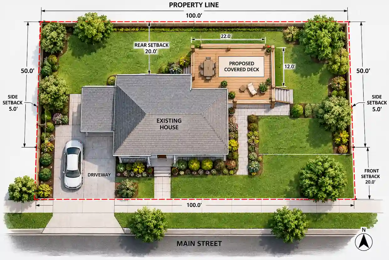 Deck porch and patio cover permit plans showing site layout, framing, foundations and elevations