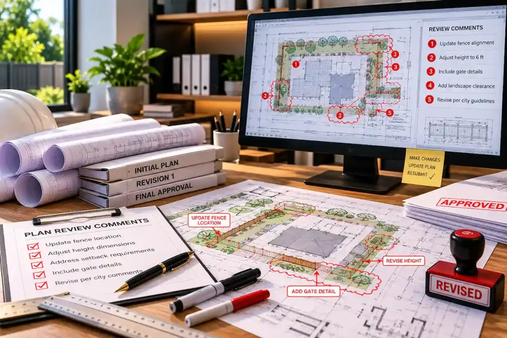 Fence site plan marked with revision comments, updated fence alignment, height adjustments, gate details, and review notes for plan revisions and resubmission.