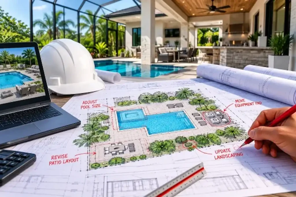 Pool site plan revision showing proposed changes to pool size, patio layout, equipment pad, and landscaping for a residential backyard project.
