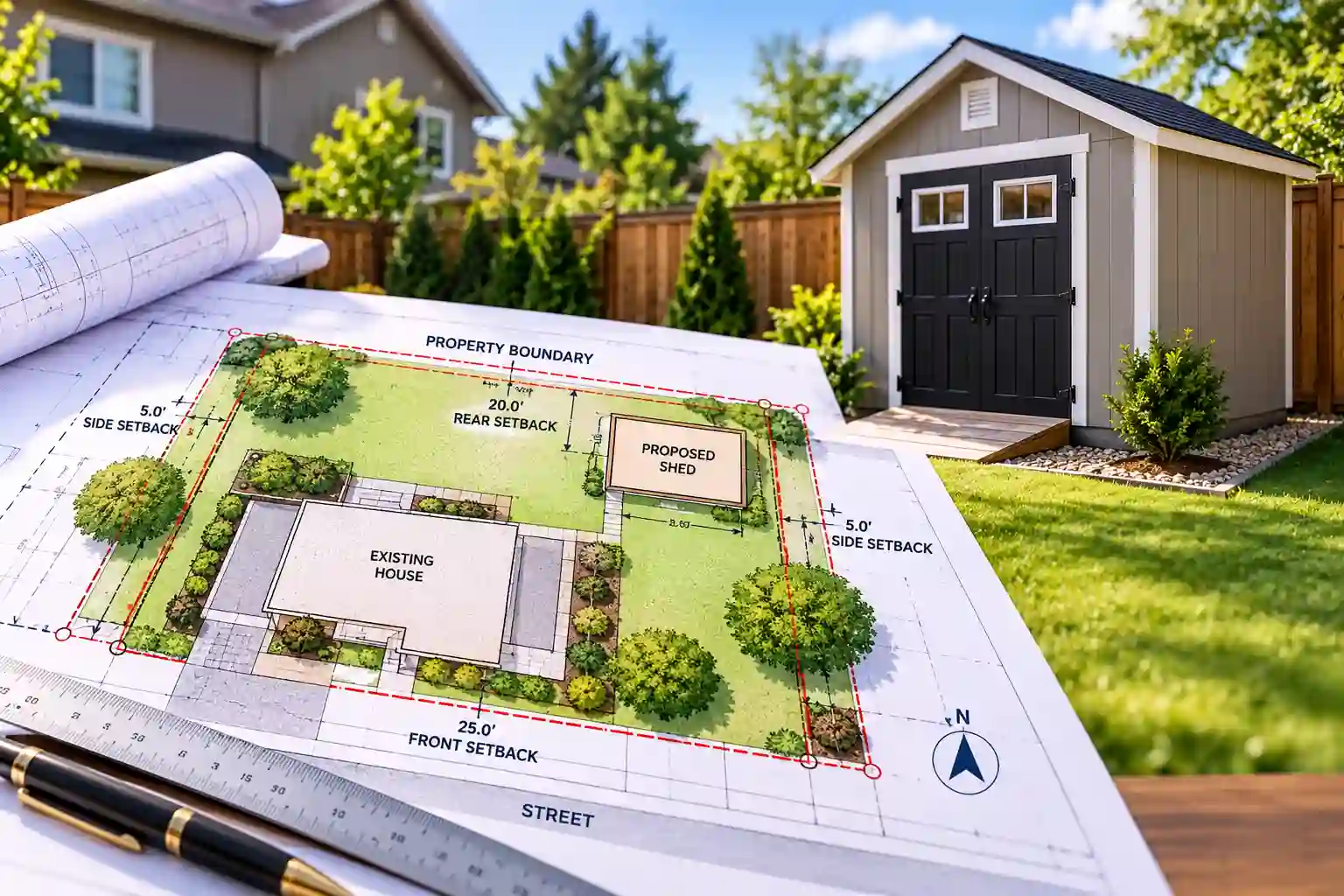 Residential shed site plan showing property lines, setbacks and proposed shed