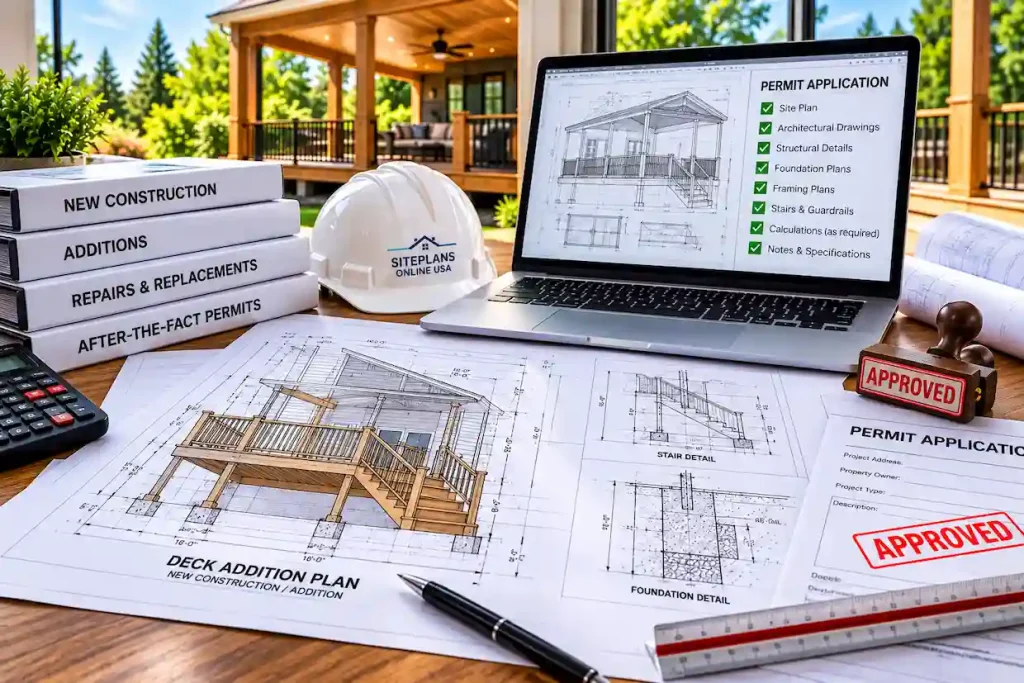 Deck addition permit drawings showing new construction, existing conditions, repairs, replacement work, foundation details, elevations, and permit application documents.