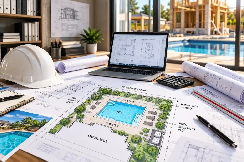 Detailed residential pool site plan showing property boundaries, pool layout, pool deck, setbacks, equipment pad, existing house, and landscaping with construction drawings and architectural plans.