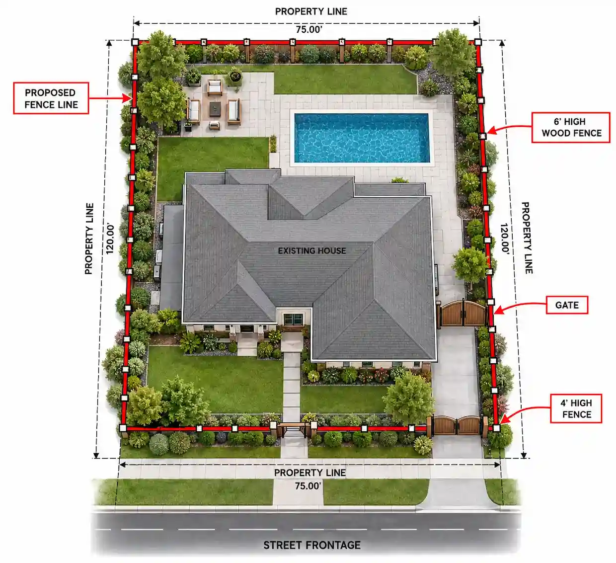 Fence site plan for a permit showing property lines, fence layout, gates and fence heights