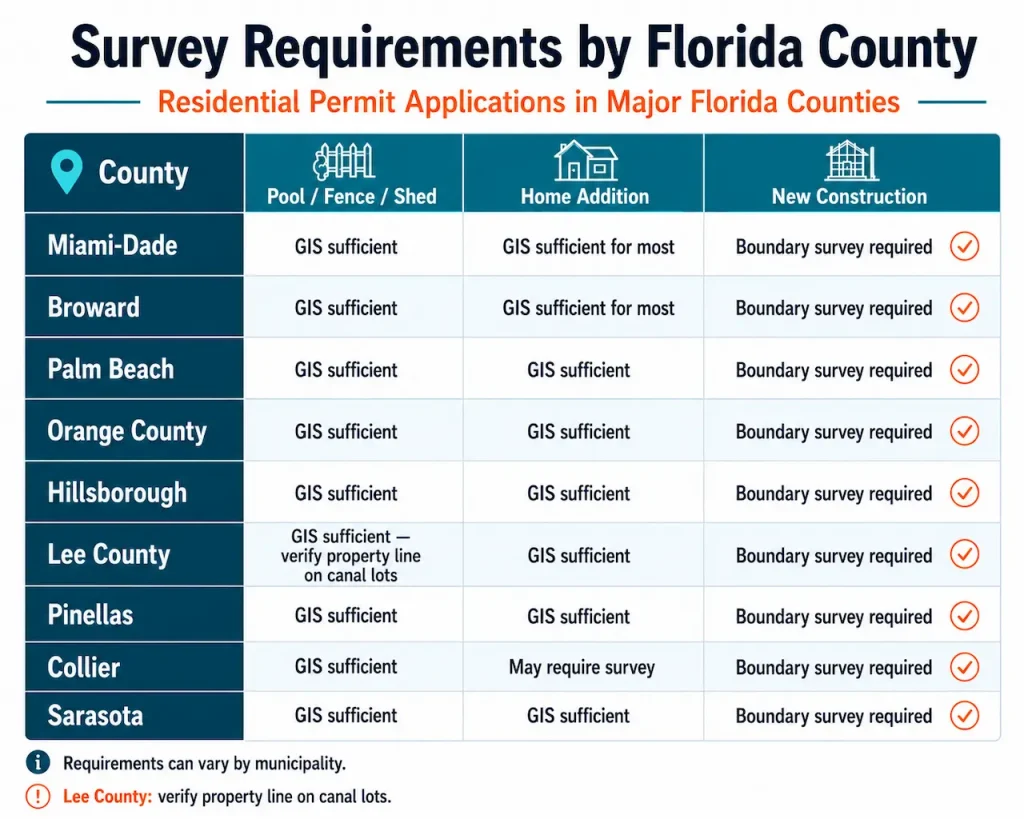 Florida county survey requirements chart for residential permits, comparing GIS sufficiency and boundary survey needs for pools, additions, and new construction.