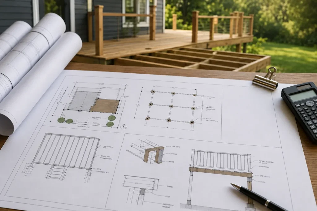 Georgia deck permit plans with site, foundation, and structural drawings beside a residential deck project.