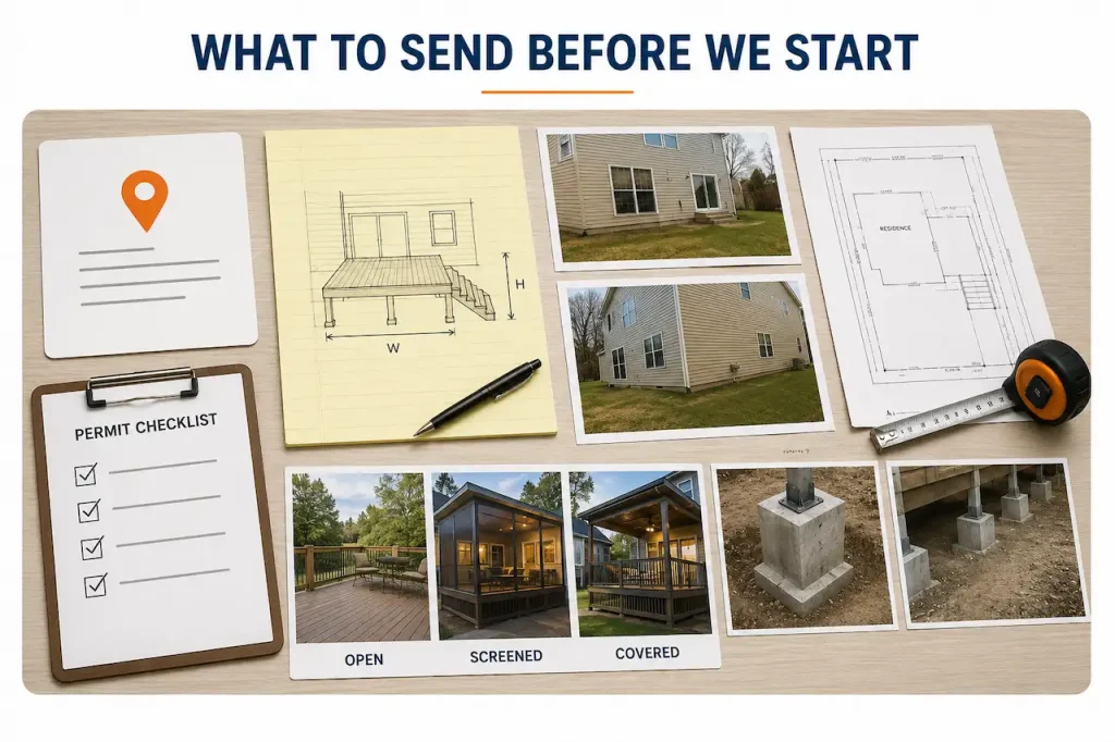 Deck plan preparation showing property details, deck sketch, home photos, survey, permit checklist, deck styles, and footing photos.