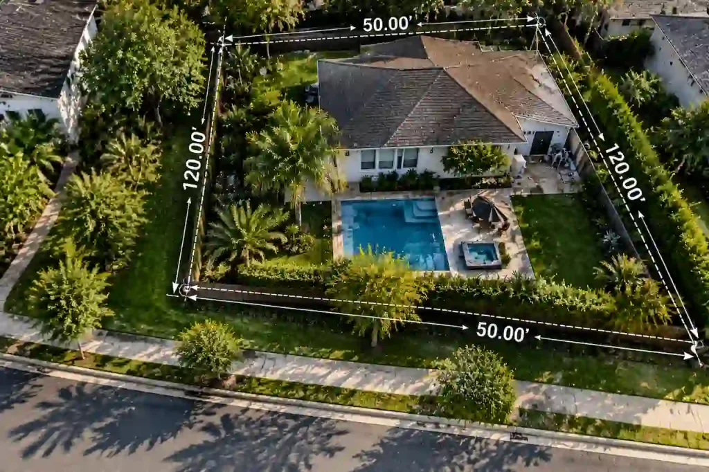Property lines and lot dimensions shown on a residential pool site plan