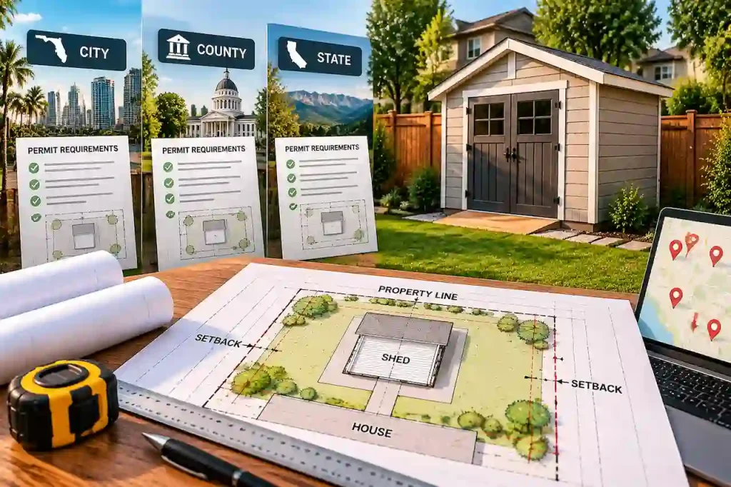 Shed permit requirements by jurisdiction showing city, county, and state site plan differences