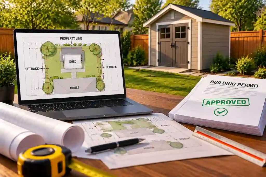 Professional shed site plan showing permit approval process with property lines and setbacks